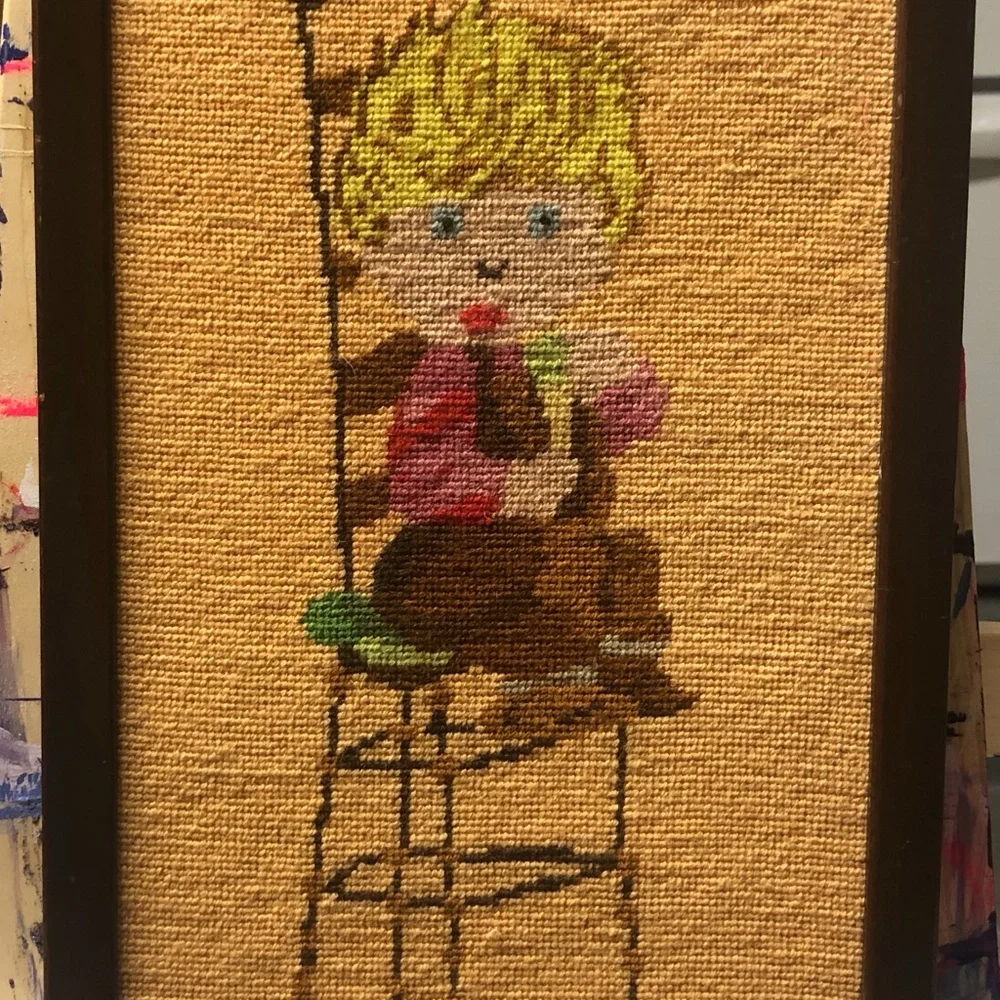 VINTAGE HANDMADE NEEDLEPOINT BLONDE BOY SITTING IN CHAIR